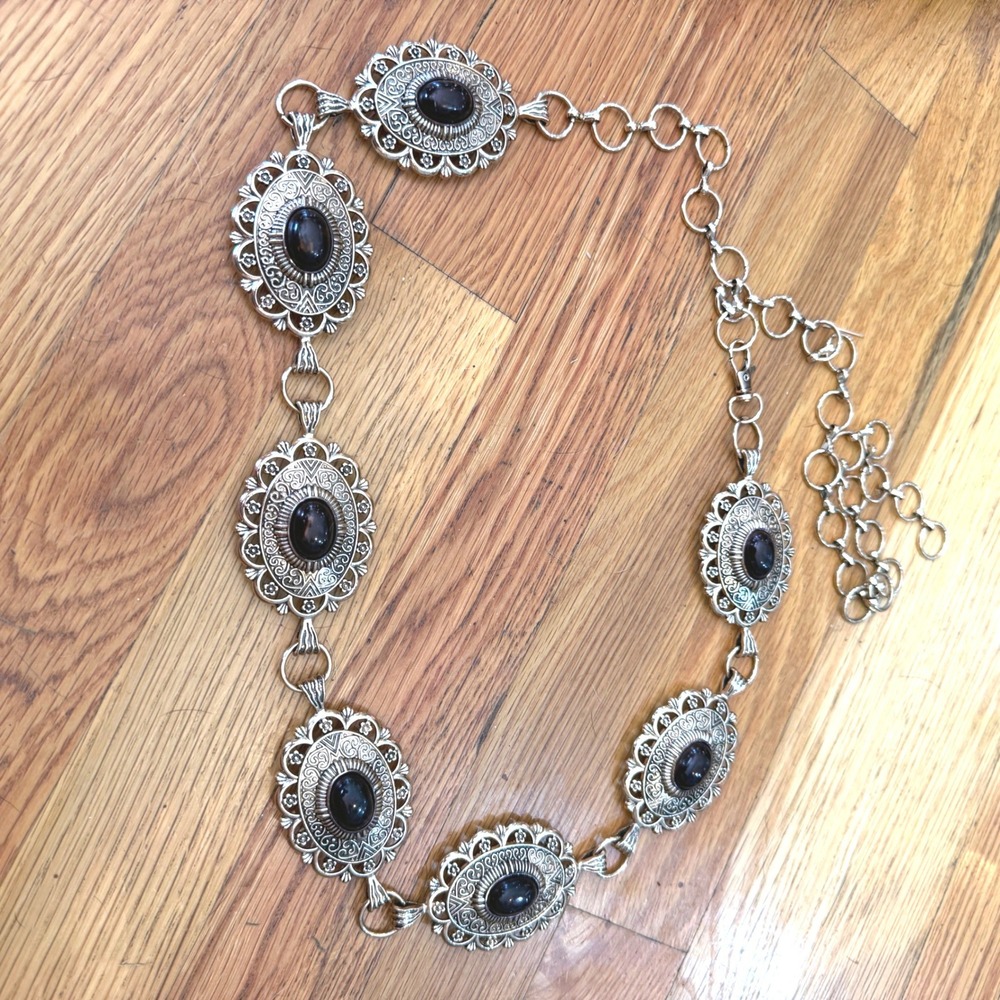 Silver Tone Ornate Filigree Concho Chain Belt Black Faux Stone Southwestern Boho